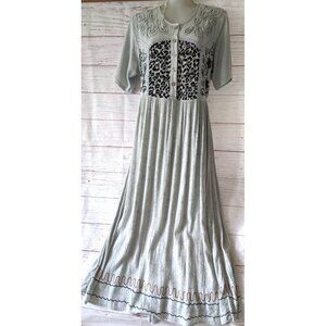 VTG Cool Plus Women Dress Midi Gray Cotton Crepe Short Sleeve Embroidery Size M